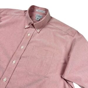 LL Bean Mens Short Sleeve Oxford Shirt Red Pink Wrinkle Resistant 17.5 Regular